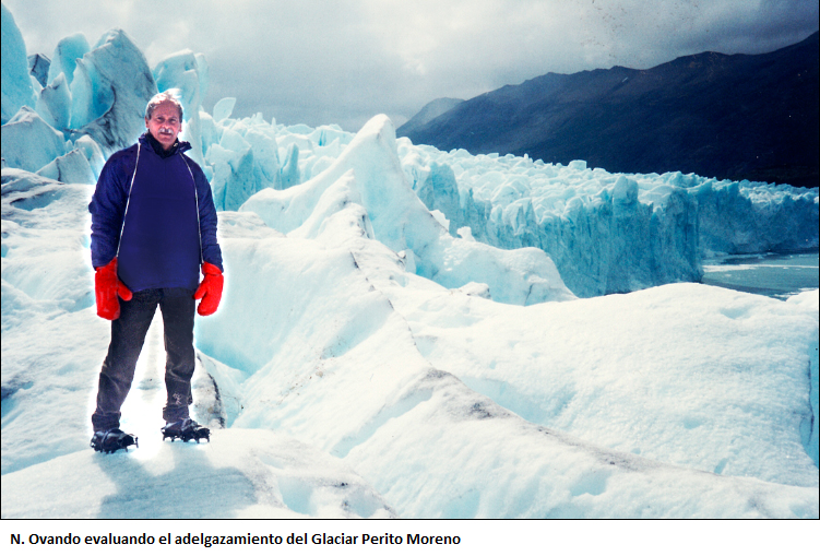 N. Ovando evaluando el adelgazamiento del Glaciar Moreno